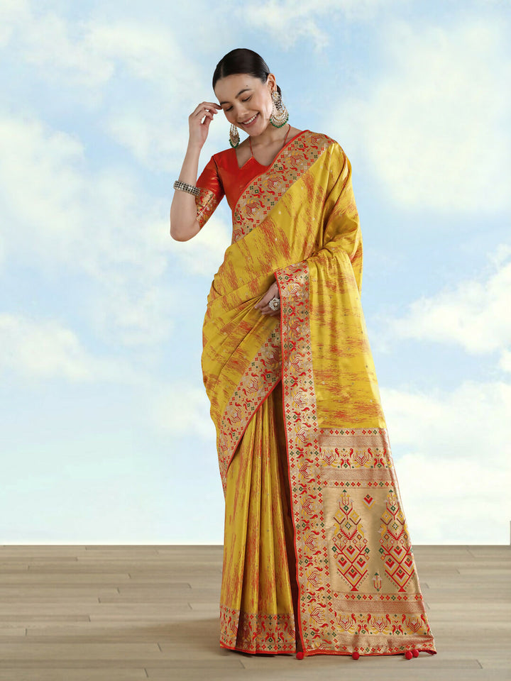 Mustard Yellow Color Semi Banarasi Tissue Silk Paithani Woven Saree | SHOBITAM