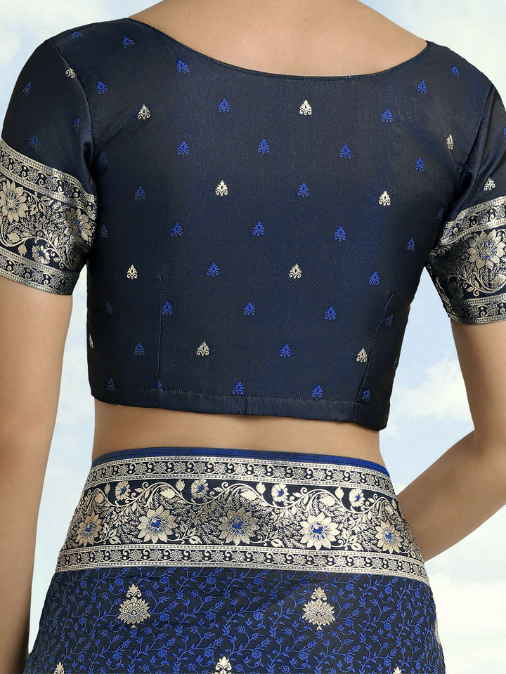 Blue Banarasi Satin Silk Saree | SHOBITAM