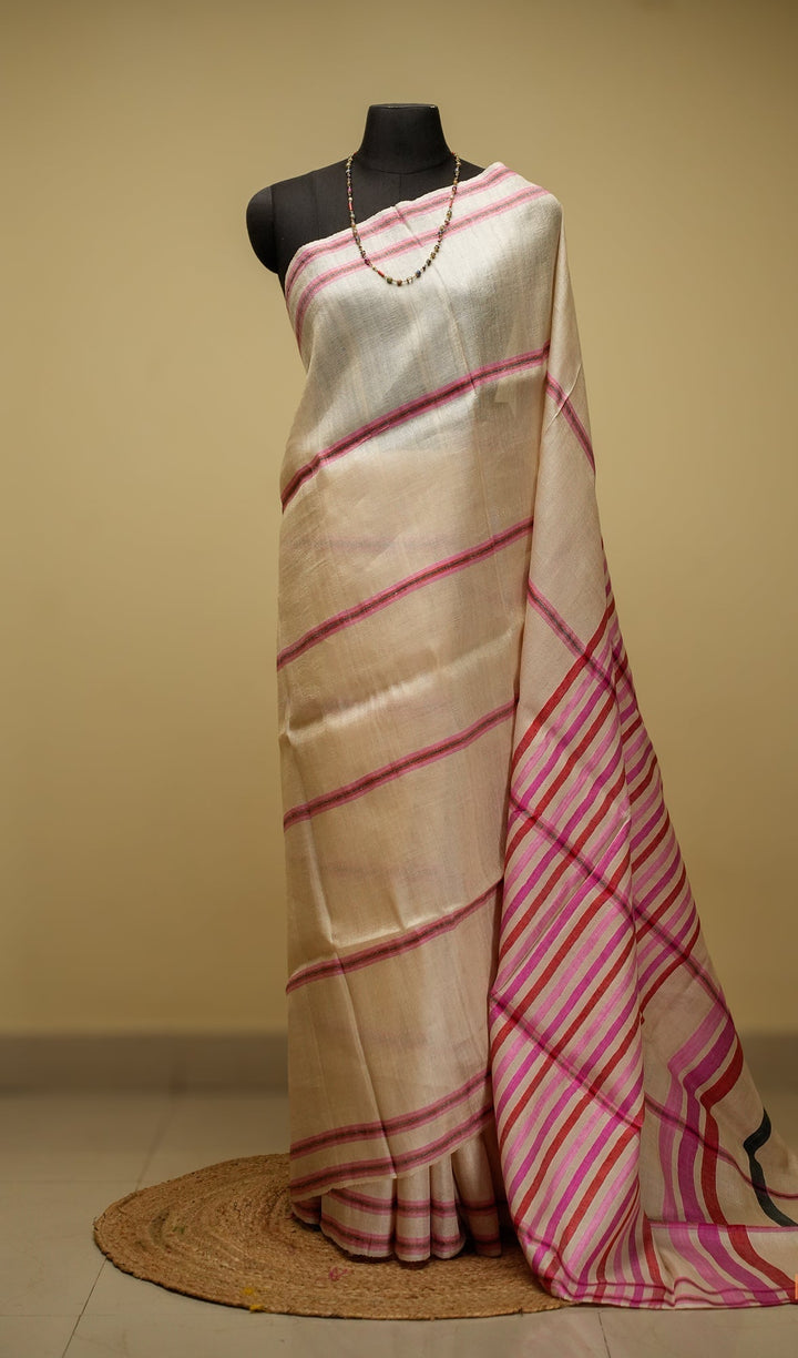 Ivory Handloom Tussar Handloom Silk Saree