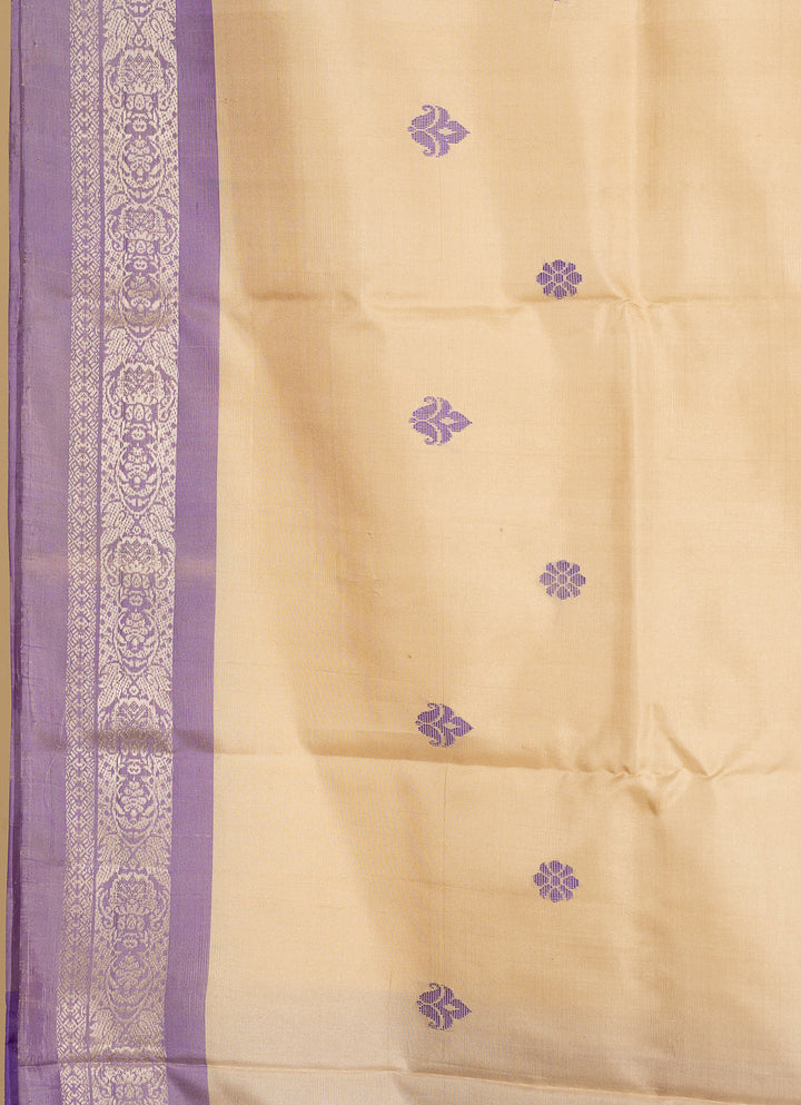 Ivory Lavender Pure Silk Kodiyala Saree Shankhupushpam | SILK MARK CERTIFIED | SHOBITAM