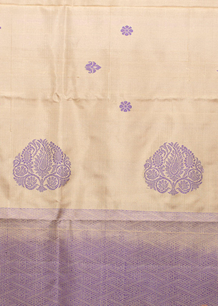 Ivory Lavender Pure Silk Kodiyala Saree Shankhupushpam | SILK MARK CERTIFIED | SHOBITAM