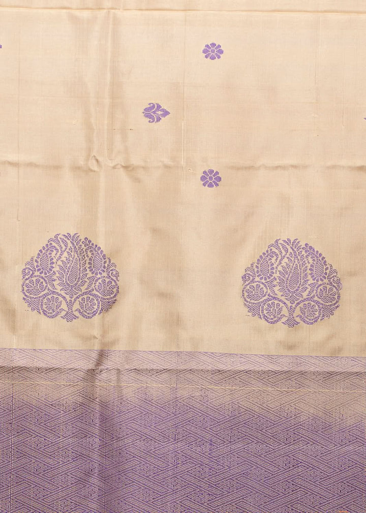 Ivory Lavender Pure Silk Kodiyala Saree Shankhupushpam | SILK MARK CERTIFIED | SHOBITAM