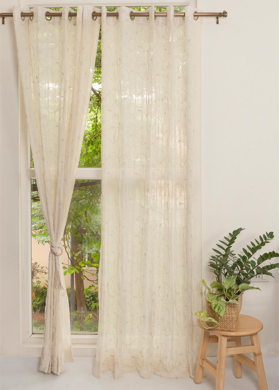 Ivy Vines Cream 100% cotton sheer embroidered minimal curtain for living room - Light filtering - Single Piece | SHOBITAM