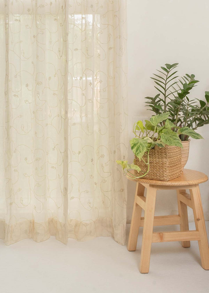 Ivy Vines Cream 100% cotton sheer embroidered minimal curtain for living room - Light filtering - Single Piece | SHOBITAM