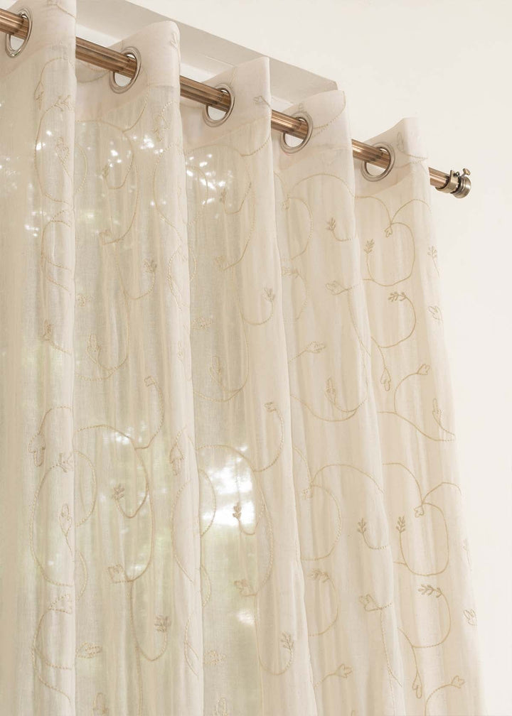 Ivy Vines Cream 100% cotton sheer embroidered minimal curtain for living room - Light filtering - Single Piece | SHOBITAM