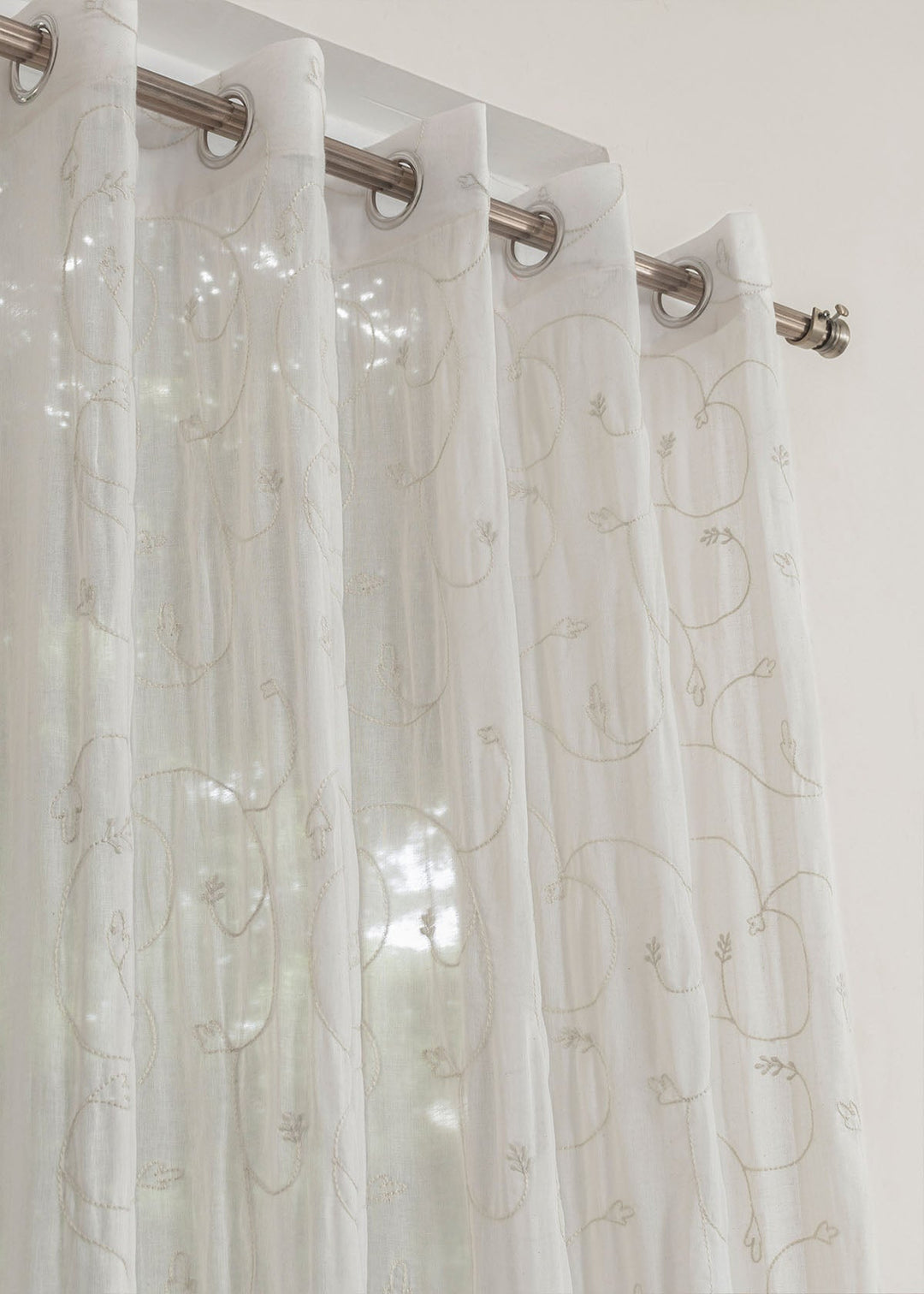Ivy Vines White 100% cotton sheer embroidered minimal curtain for living room - Light filtering - Single Piece