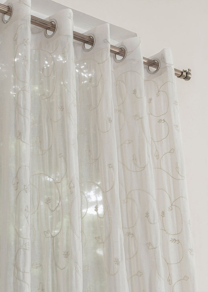 Ivy Vines White 100% cotton sheer embroidered minimal curtain for living room - Light filtering - Single Piece