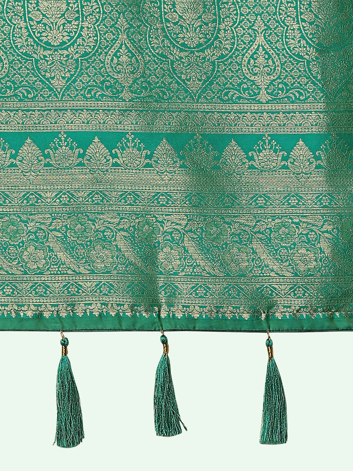 Lemon Green Banarasi Semi Silk Saree With Traditional Paisley Weaves | SHOBITAM