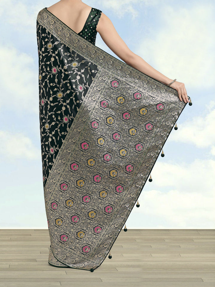 Dark Green Zari Woven Banarasi Satin Silk Saree | SHOBITAM