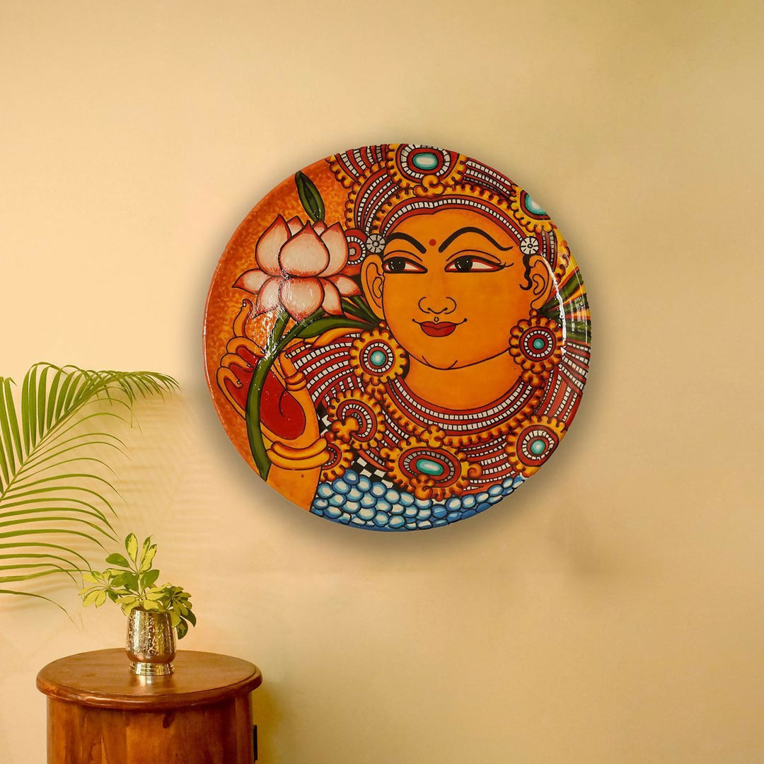 12" Kerala Mural  Handpainted Lady with Lotus Wooden Wall Plate | SHOBITAM