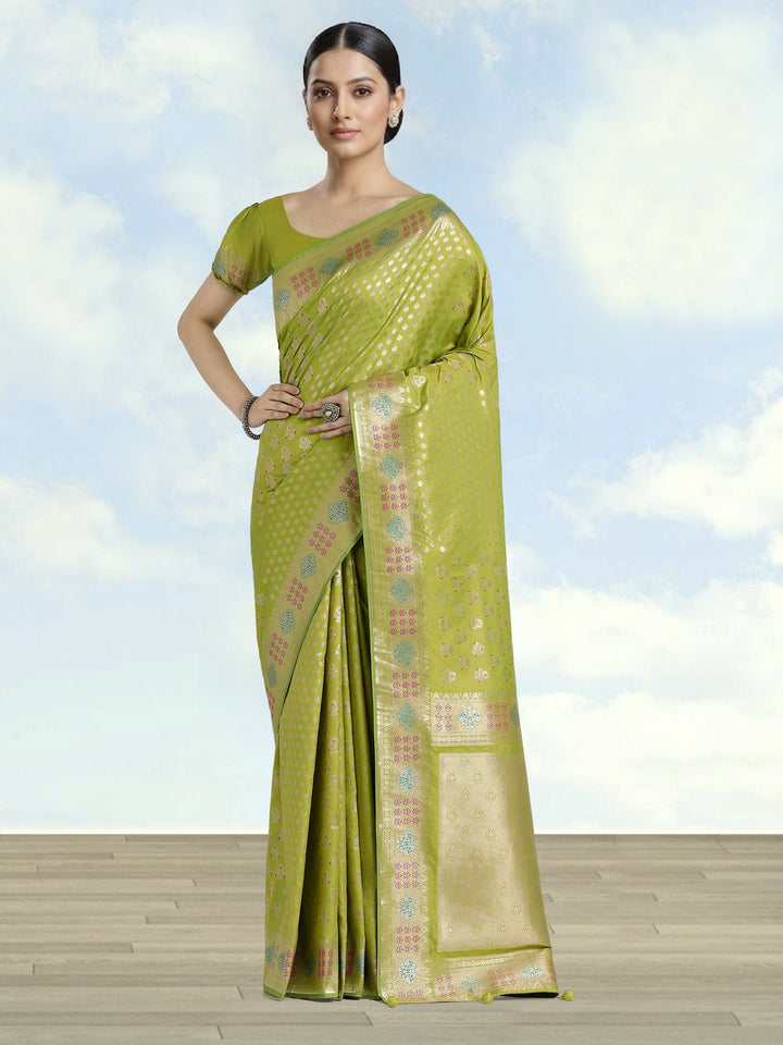 Lime Green Colour Banarasi Satin Silk Zari Weaving Saree | SHOBITAM