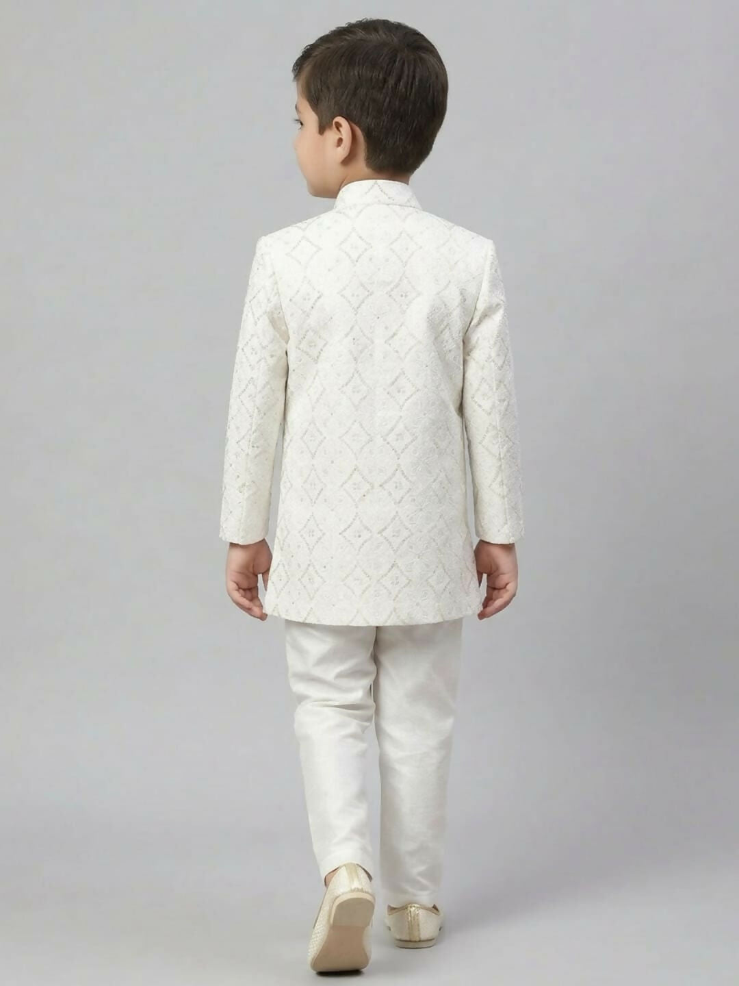 Boys Embroidered White Indo Western Sherwani Set and Trouser with Pocket | SHOBITAM