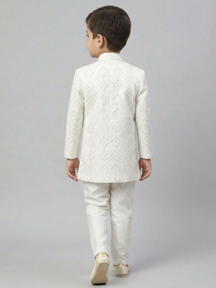 Boys Embroidered White Indo Western Sherwani Set and Trouser with Pocket | SHOBITAM