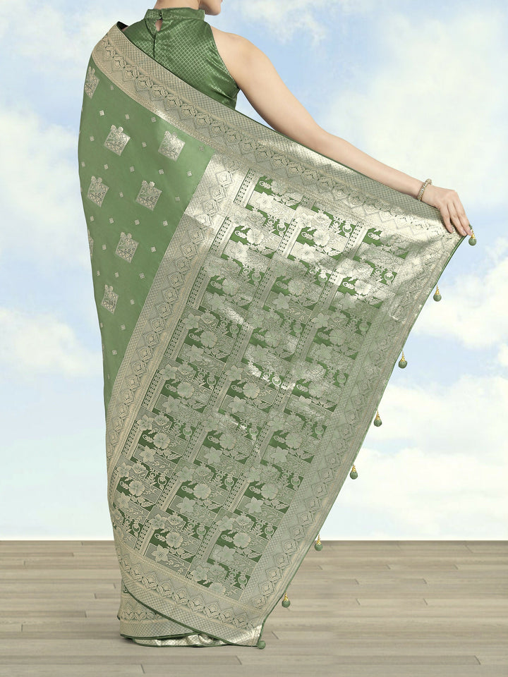Green Color Banarasi Satin Silk Zari Weaving Saree |SHOBITAM