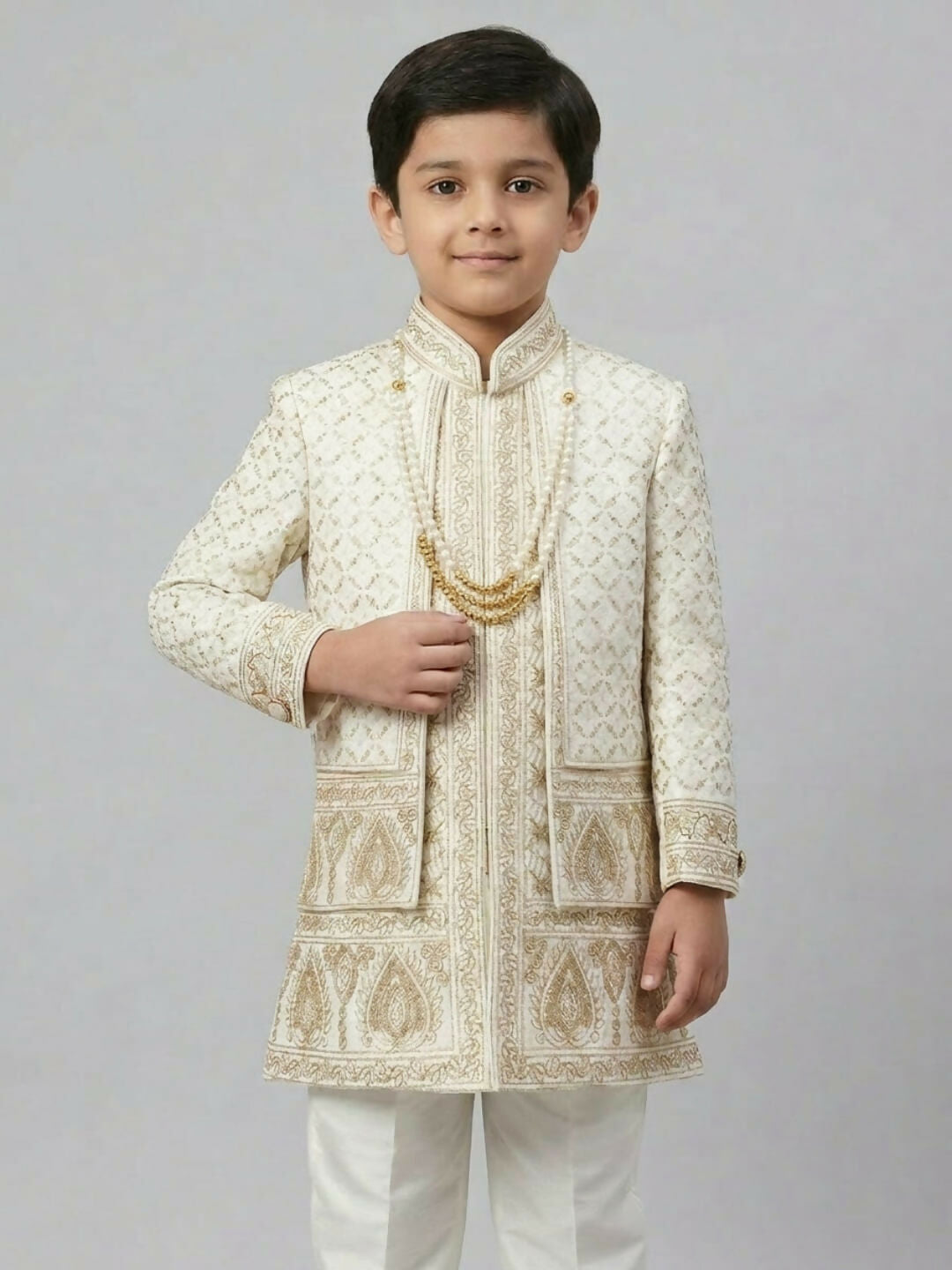 Boys Embroidered Off White Indo-Western Sherwani Set with Jacket | SHOBITAM