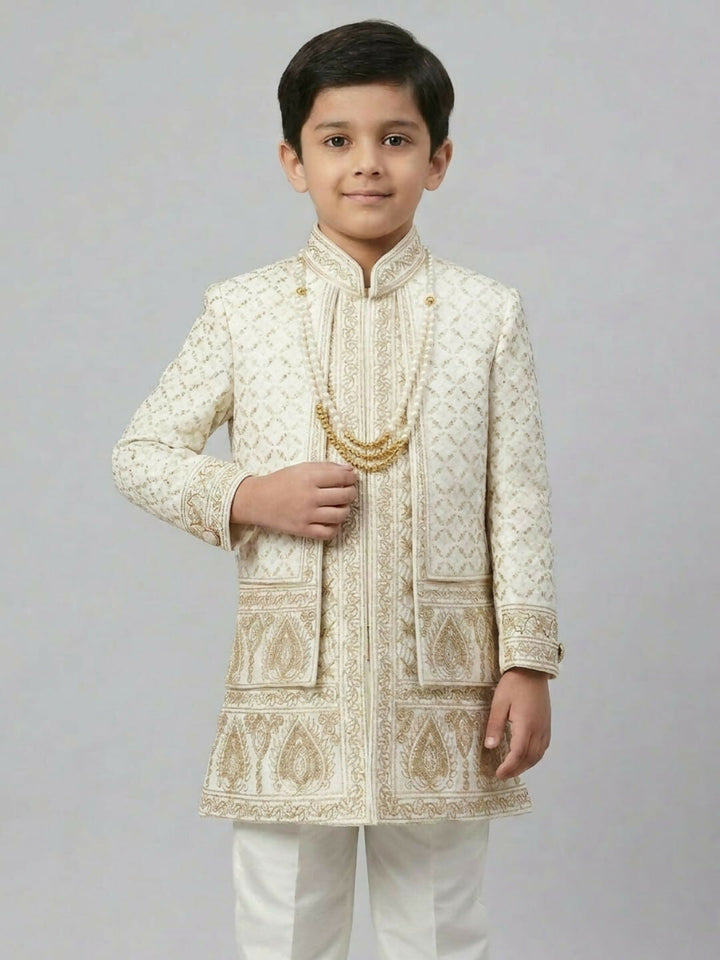 Boys Embroidered Off White Indo-Western Sherwani Set with Jacket | SHOBITAM