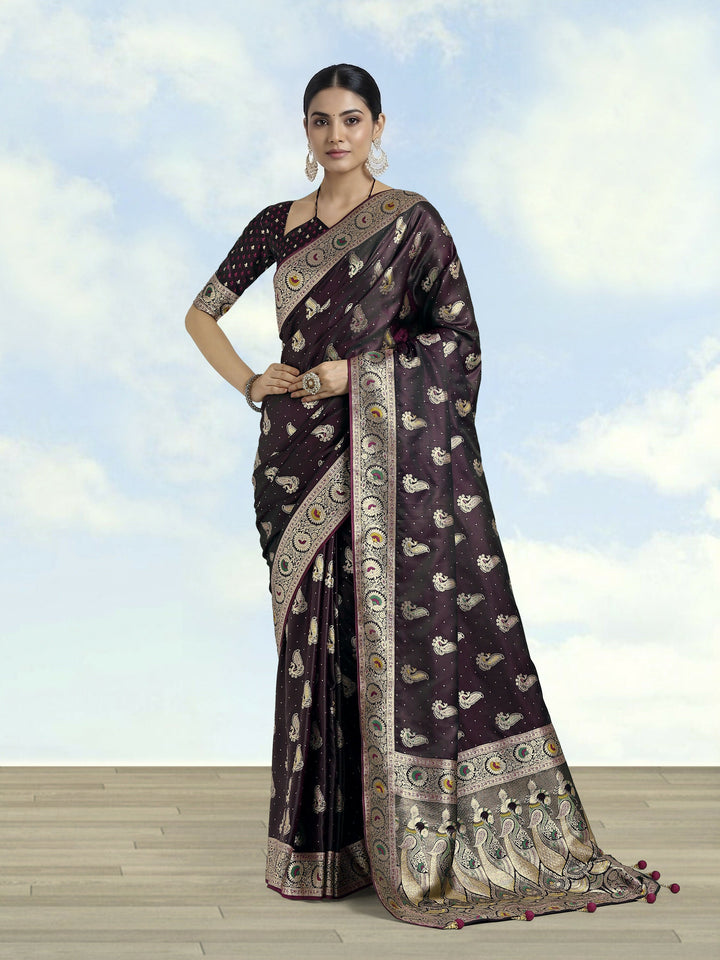 Wine Color Banarasi Satin Silk Zari Weaving Saree | SHOBITAM