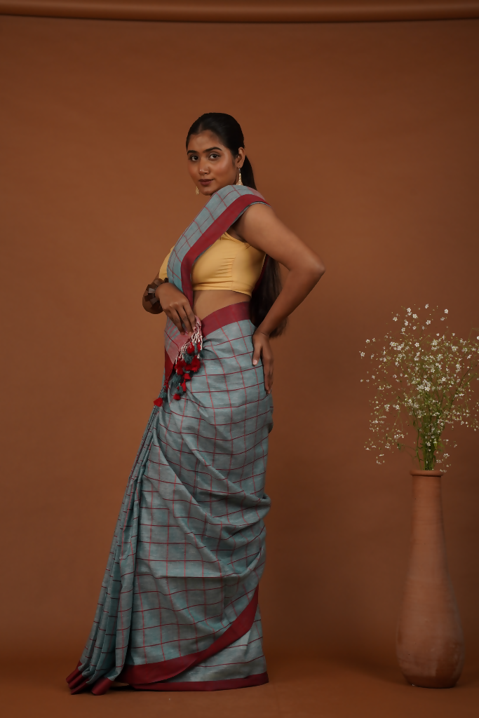 NeelMaroon Rekha Handwoven Slate Blue Cotton Saree  | SHOBITAM