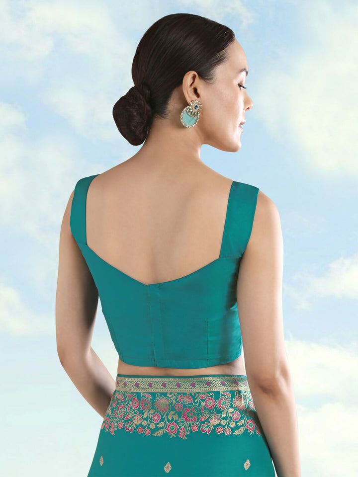 Turquoise Semi Banarasi Satin silk Saree With Zari Border And Butti Work | SHOBITAM