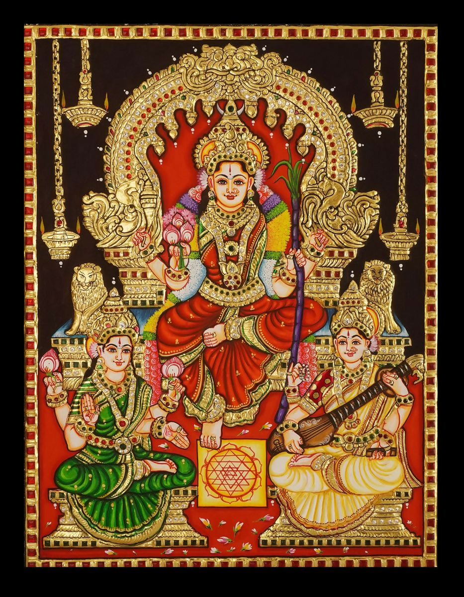 18*14 TANJORE PAINTNING RAJARAJESWARI WITH SARASWATHI AND LAKSHMI Authentic With 22 Ct Gold Foil and Jaipur Gemstones,Unframed | SHOBITAM