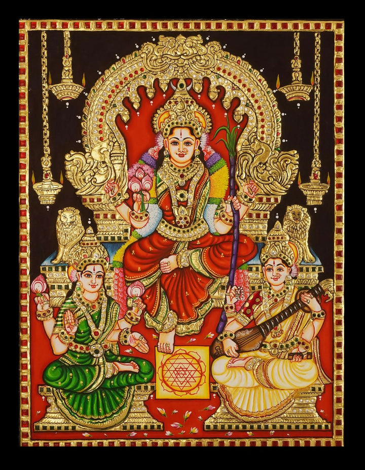18*14 TANJORE PAINTNING RAJARAJESWARI WITH SARASWATHI AND LAKSHMI Authentic With 22 Ct Gold Foil and Jaipur Gemstones,Unframed | SHOBITAM