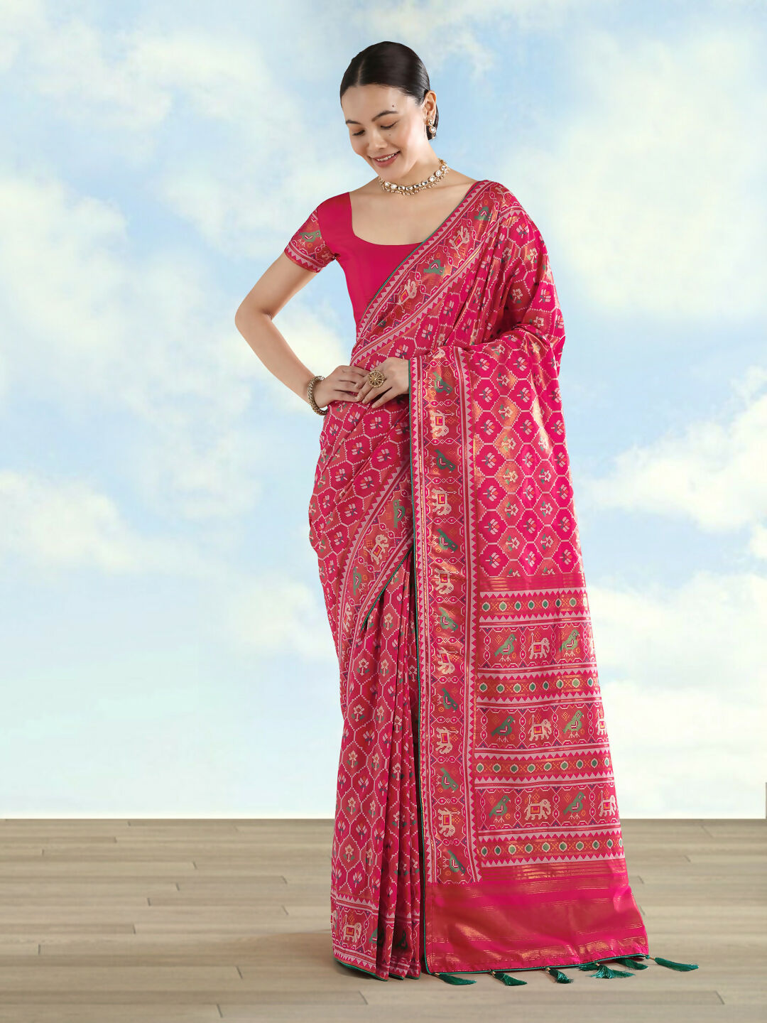 Rani Pink Semi Banarasi Satin Silk Saree With Patola Work | SHOBITAM