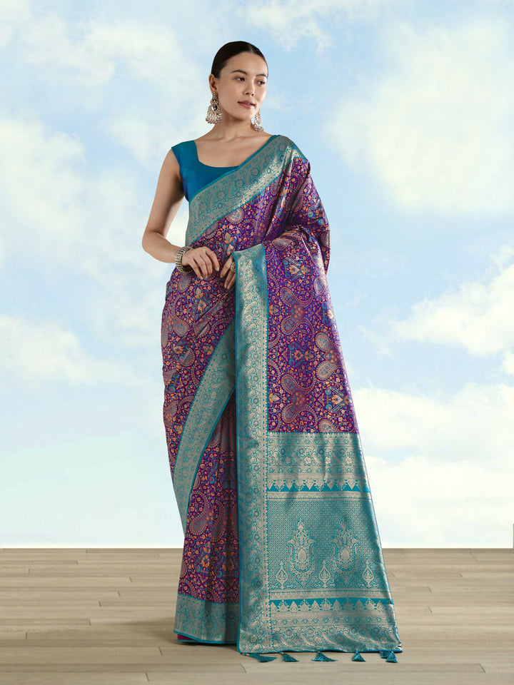 Purple Banarasi Semi Silk Saree With Traditional Paisley Weaves | SHOBITAM