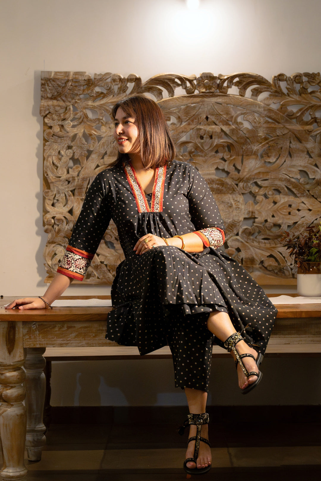 JUHI Black Polka Cotton Kurta Pant Set 2