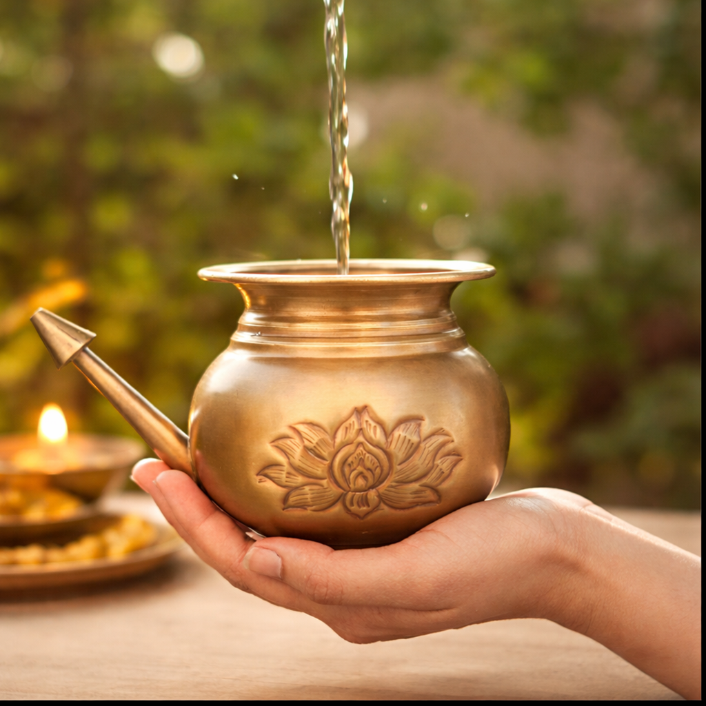 Jal Neti Pot In Brass with Lotus Motifs