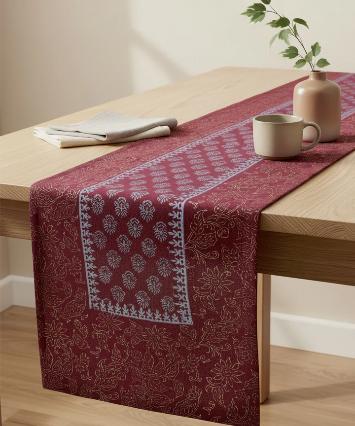 6 Seater Maroon Block Printed Cotton Canvas Table Runner (13 x 84 Inches) | SHOBITAM