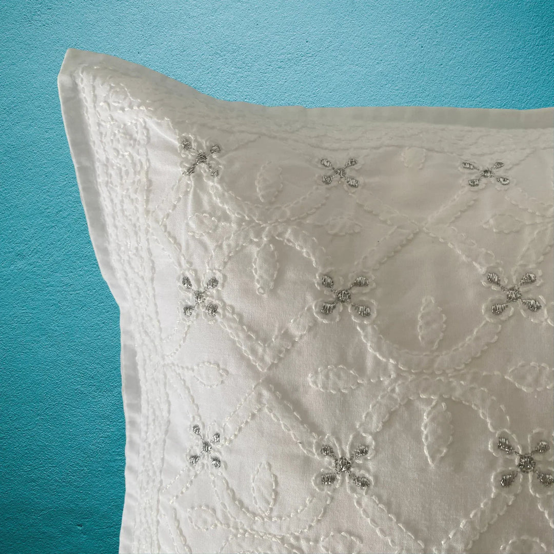 Jhalak White Chikankari Cushion Cover, 18" x 18", Pack of 1