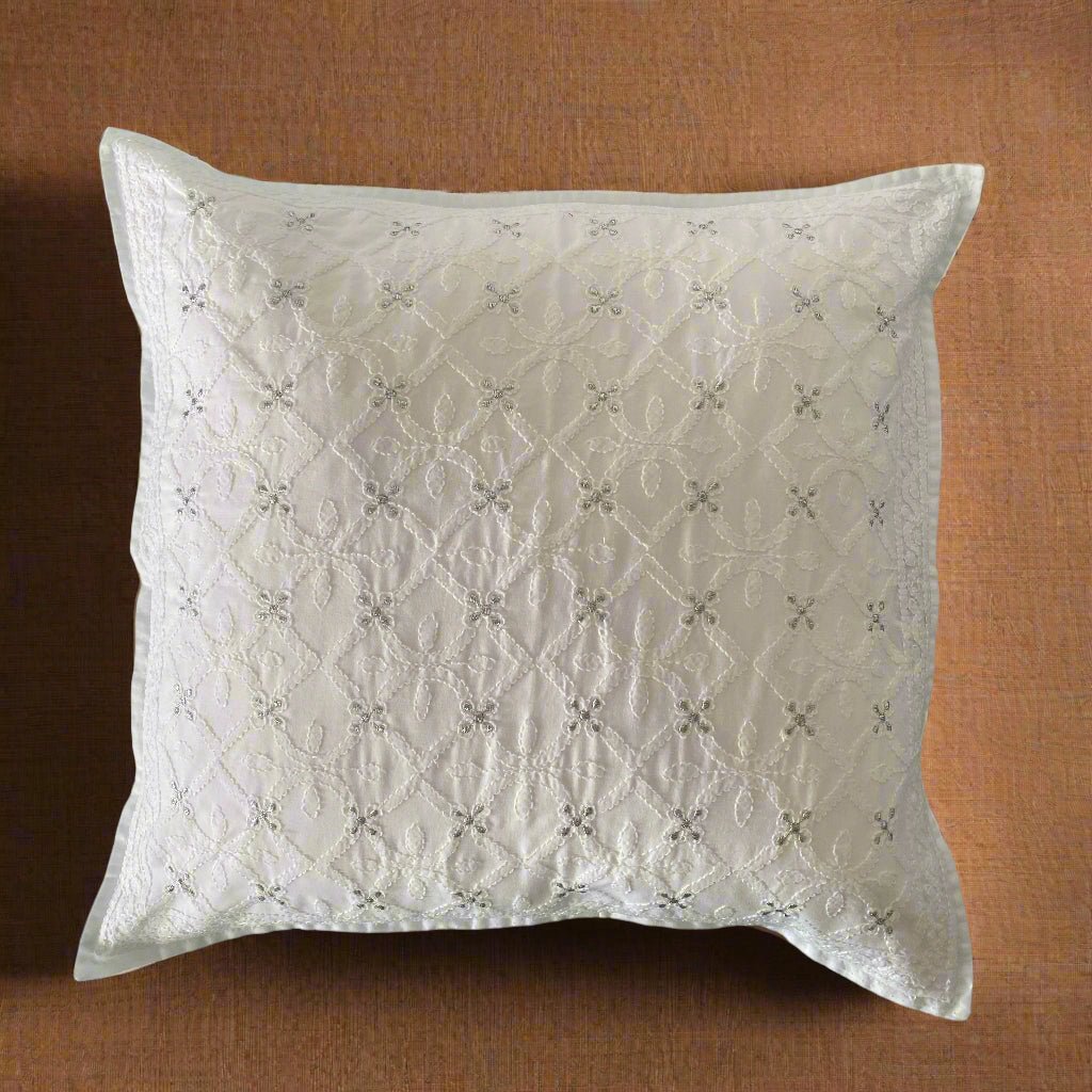 Ivory Jharokha Chikankari Cushion Cover, 18" x 18", Pack of 1 | SHOBITAM