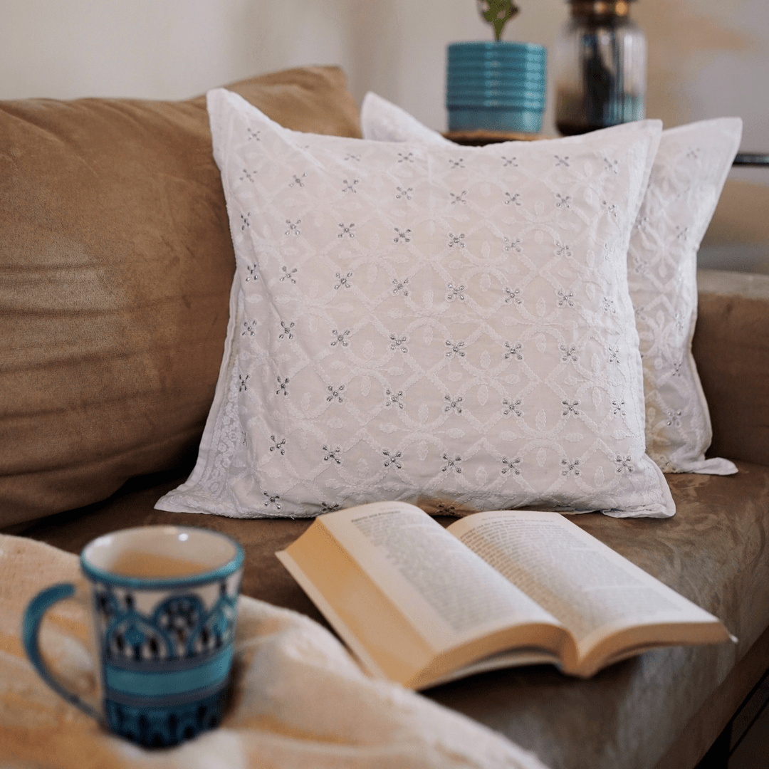 Ivory Jharokha Chikankari Cushion Cover, 18" x 18", Pack of 1 | SHOBITAM