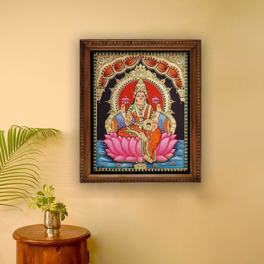 16*20 Tanjore painting Lotus Lakshmi Authentic With 22 Ct gold Foil and Jaipur Gemstones Unframed | SHOBITAM