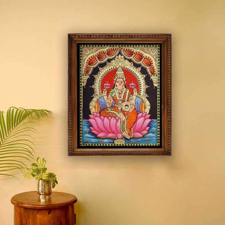 16*20 Tanjore painting Lotus Lakshmi Authentic With 22 Ct gold Foil and Jaipur Gemstones Unframed | SHOBITAM