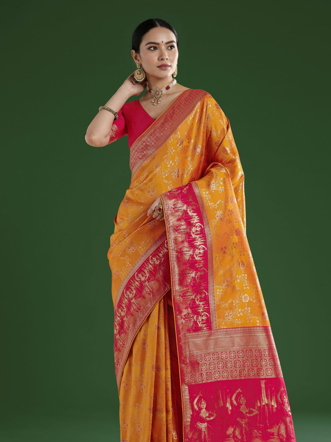 Orange Banarasi Semi Silk Saree With Zari Woven Design | SHOBITAM
