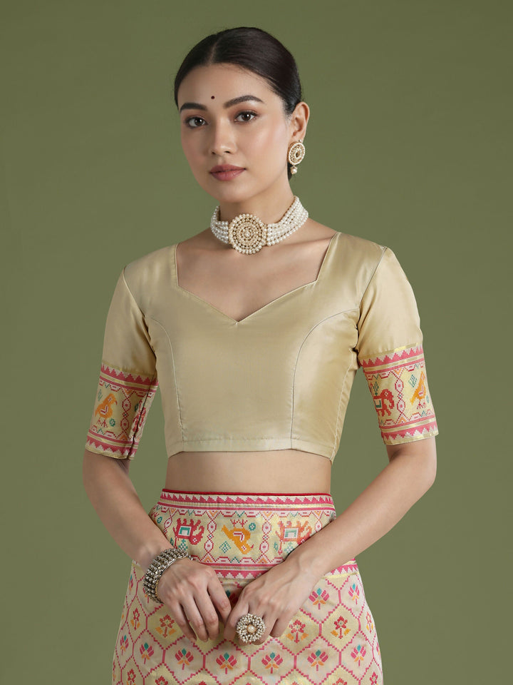 Cream Semi Banarasi Satin Silk Saree With Patola Work | SHOBITAM