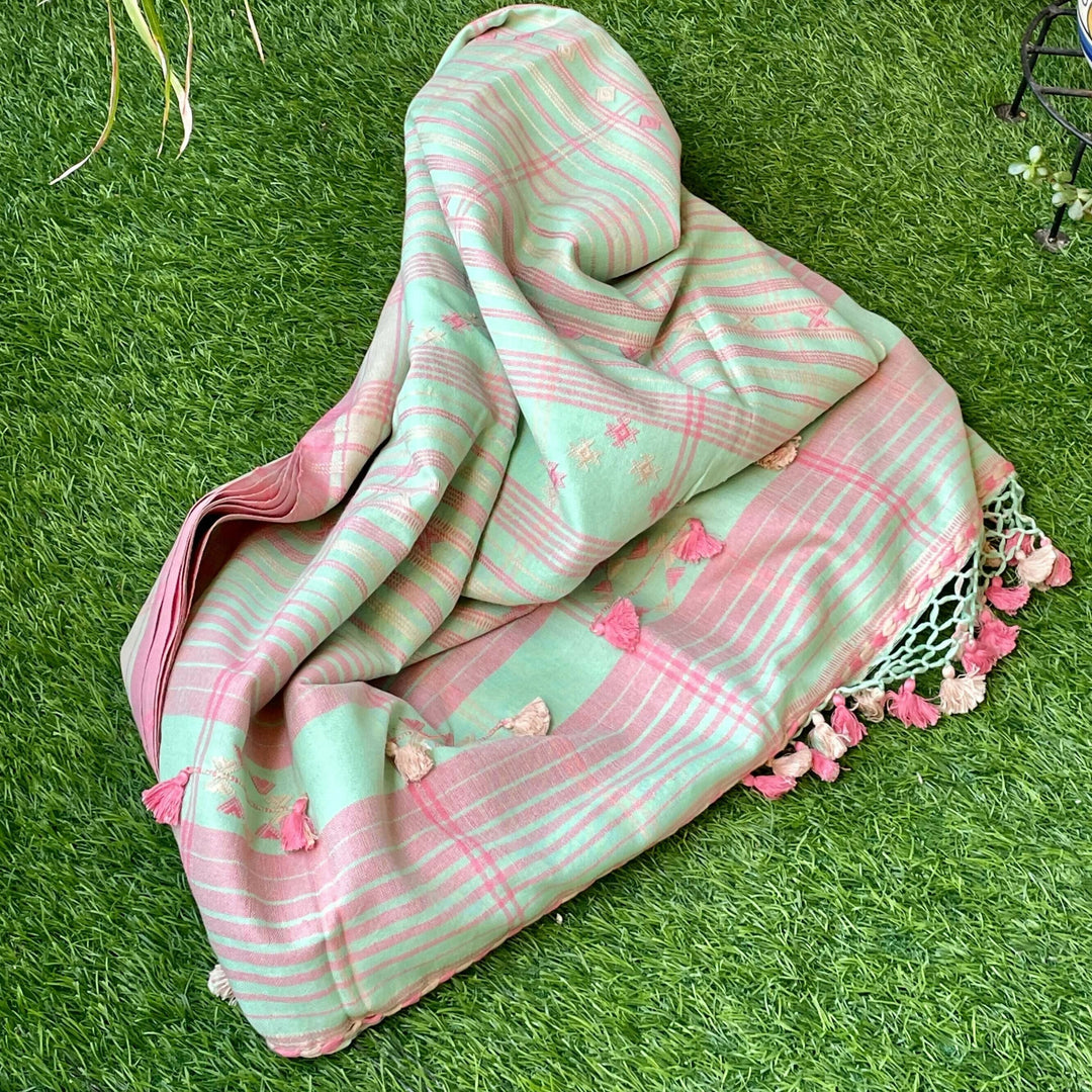 Pastel Green Handloom Bhujodi Cotton Saree | SHOBITAM