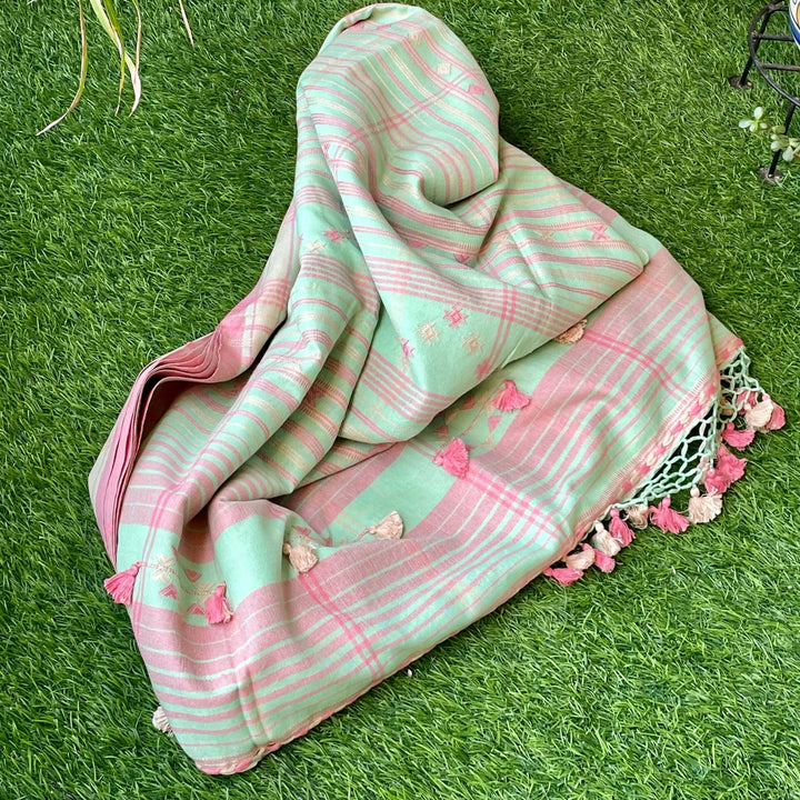 Pastel Green Handloom Bhujodi Cotton Saree | SHOBITAM