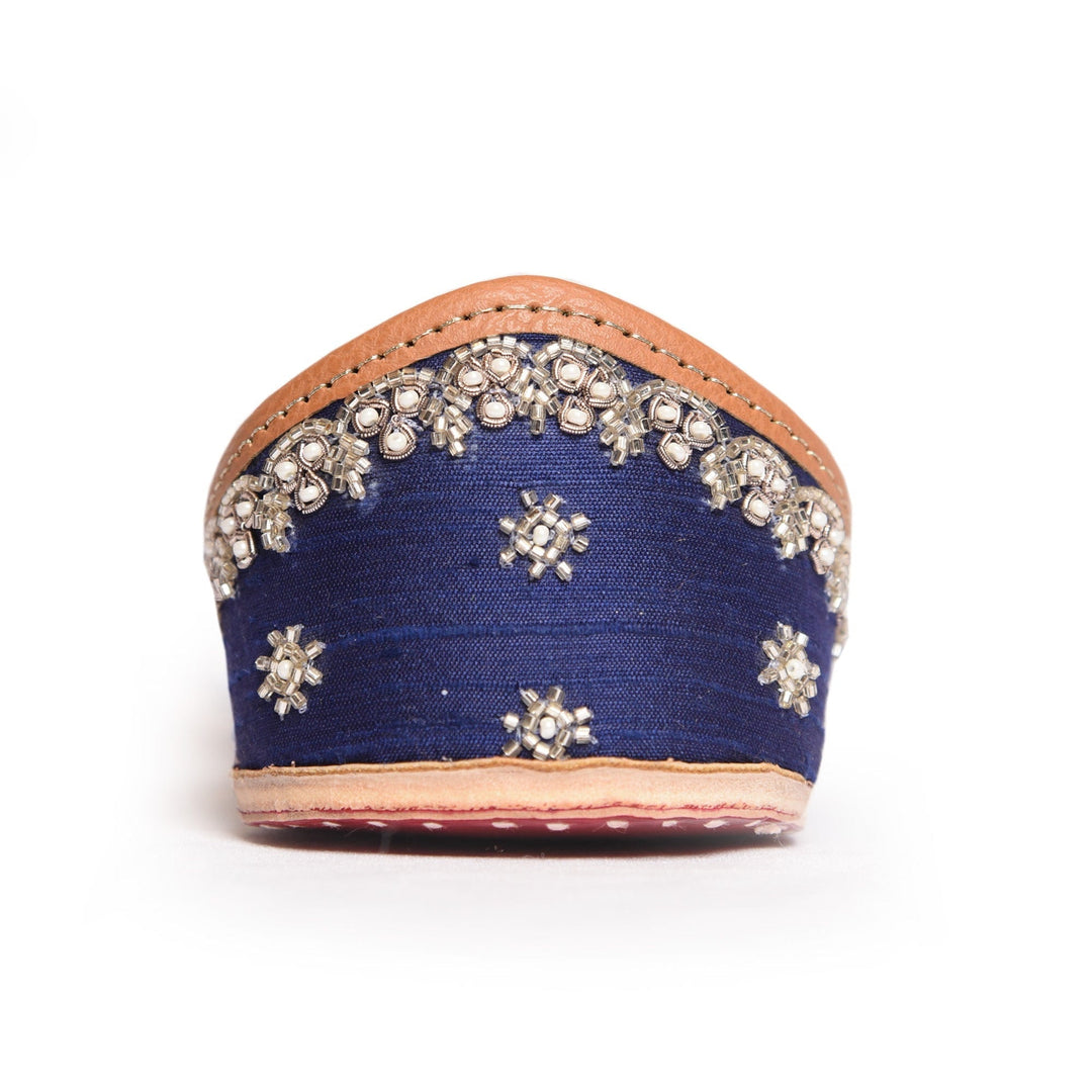 ALIZEH : Pastels and Pop X Anushree Reddy Navy Blue and Silver Embroidered Punjabi Juttis