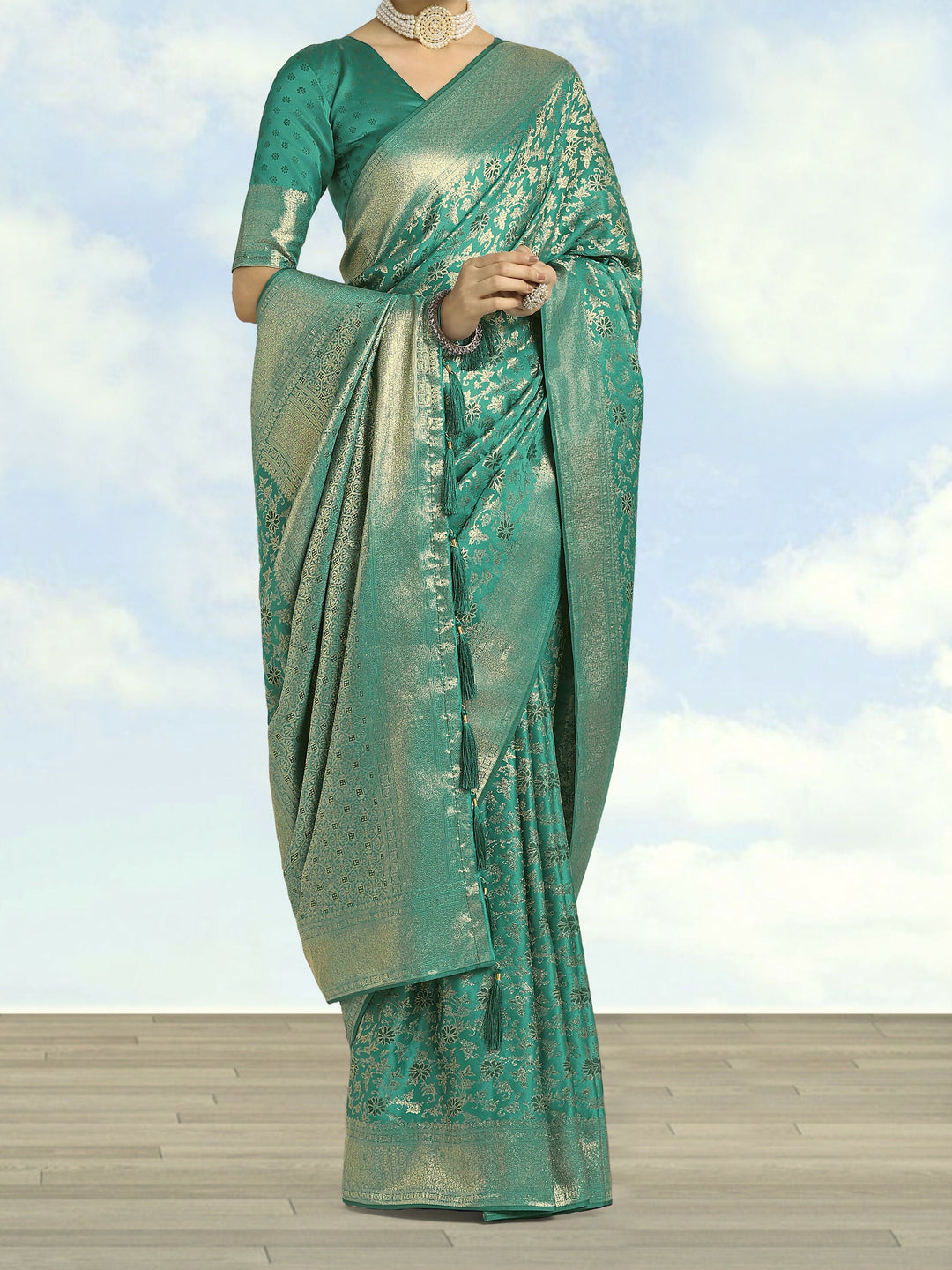 Turquoise Banarasi Satin Silk Meenakari zari weaving Saree | SHOBITAM