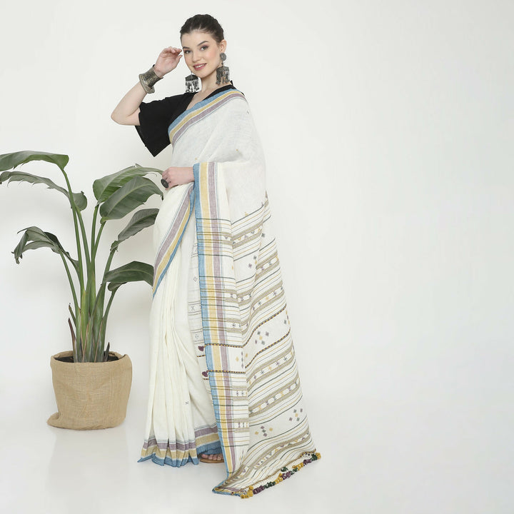 Seashell White Bhujodi Cotton Saree | SHOBITAM