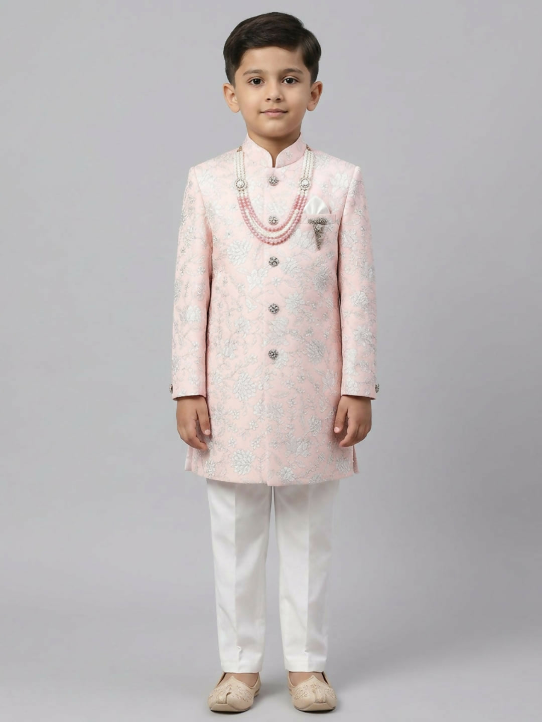 Boys Embroidered Light Pink Indo Western Sherwani Set and Trouser | SHOBITAM