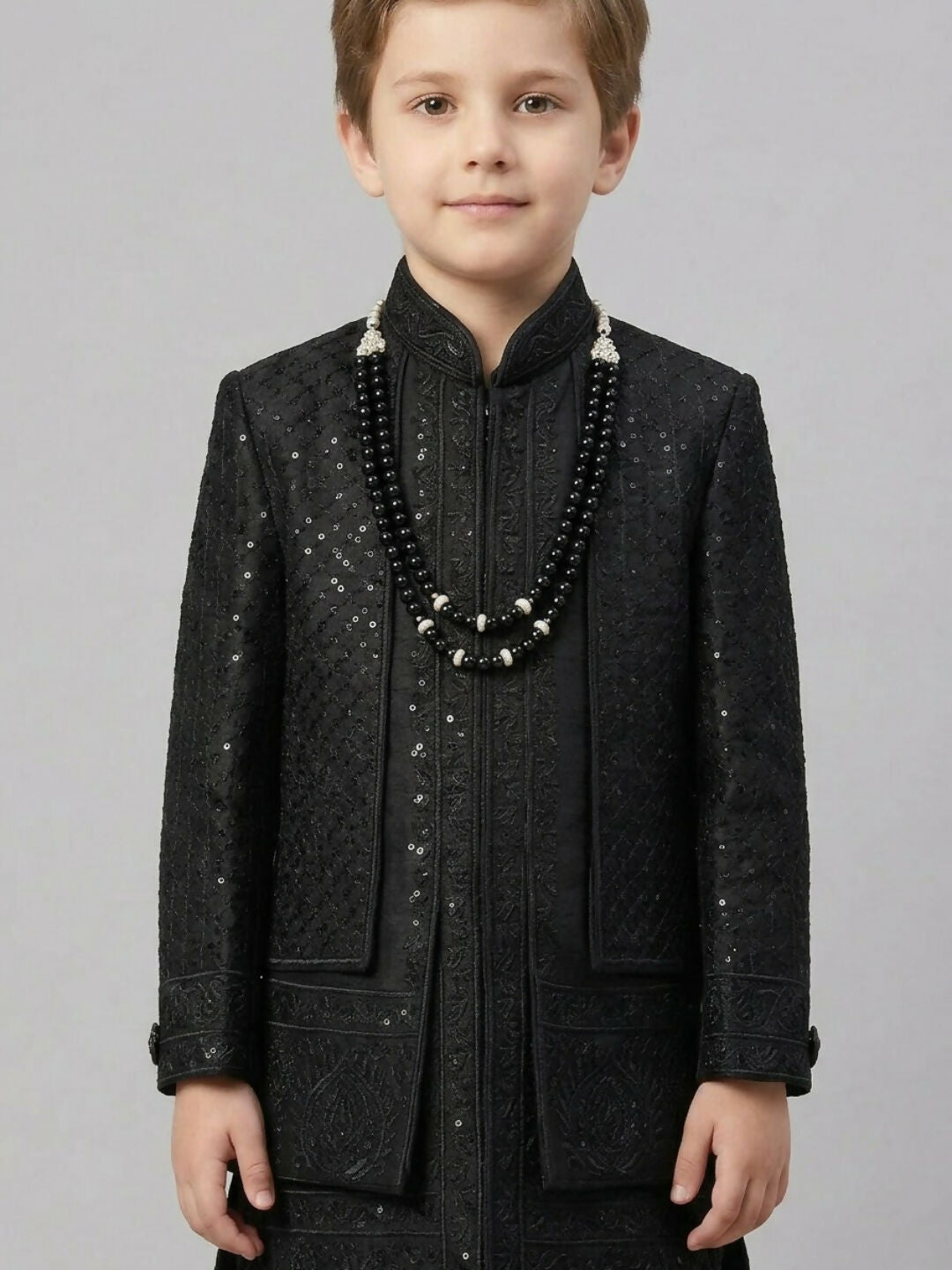 Boys Embroidered Black Sherwani Set with Jacket, Trousers | SHOBITAM