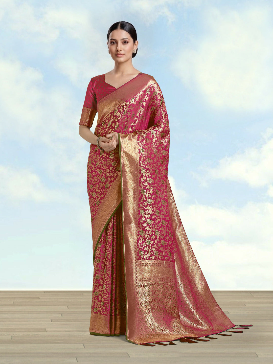 Magenta Banarasi Satin Silk Meenakari zari weaving Saree | SHOBITAM