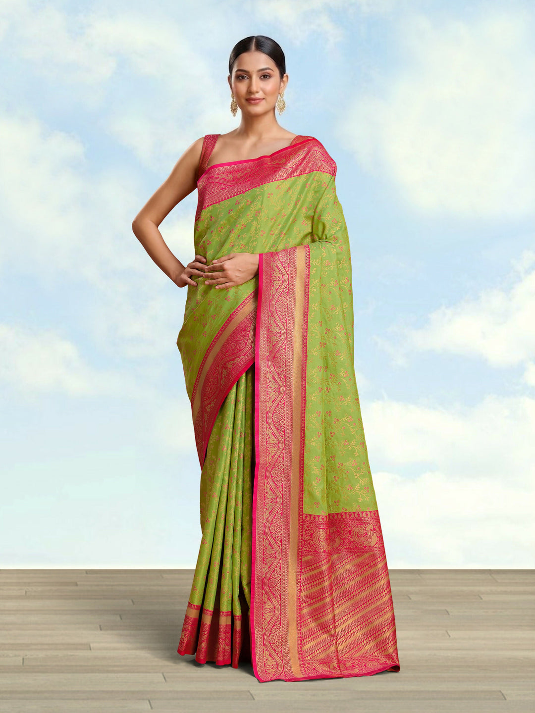 Parrot Green Color Zari Woven Faux Banarasi Tissue Silk Saree | SHOBITAM