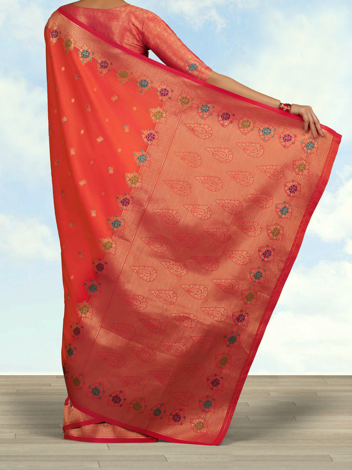 Dark Peach Semi Banarasi Silk Blend Saree With Zari Woven Work | SHOBITAM