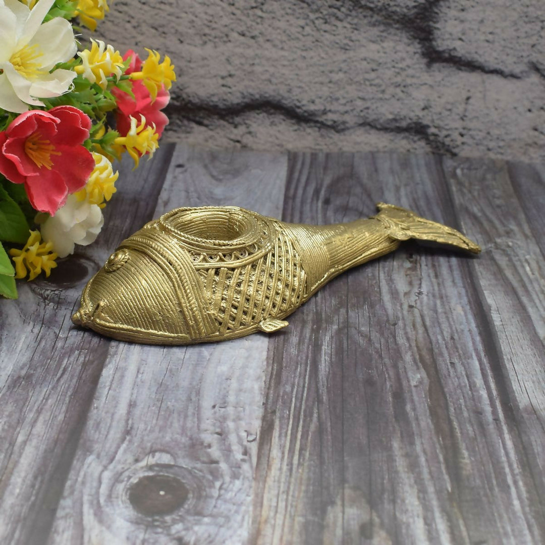 Brass Matsya candle Stand in Dokra art | SHOBITAM
