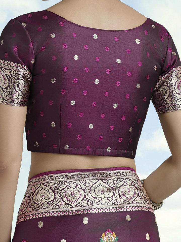 Wine Banarasi Zari Woven Satin Silk Saree | SHOBITAM