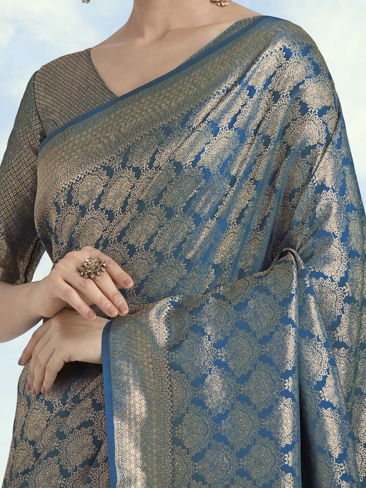 Cyan blue Banarasi Satin Silk Zari Weaving Work Saree | SHOBITAM